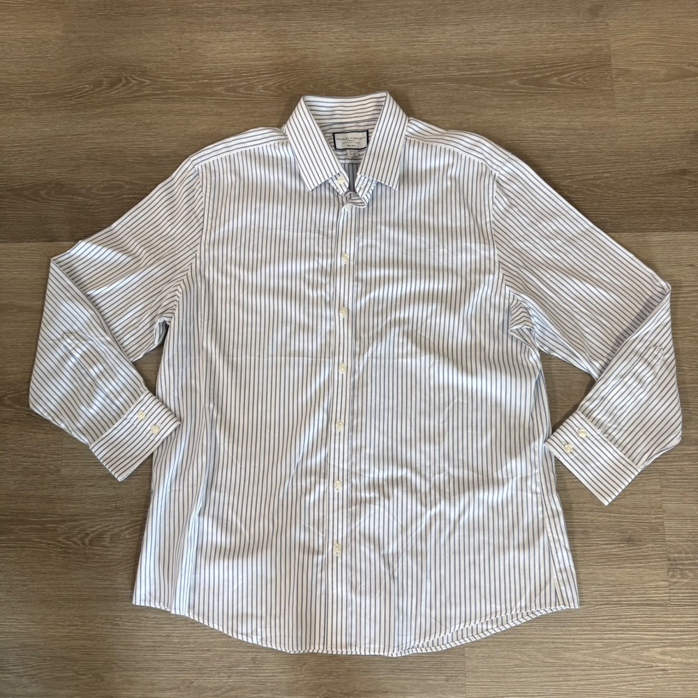 Charles Tyrwhitt Button Down Men 17.5/34 Blue White Striped Slim Non-Iron Shirt